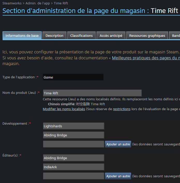 Interface de Steamworks pour le jeu Time Rift, avec le nom du jeu, celui du développeur et des éditeurs